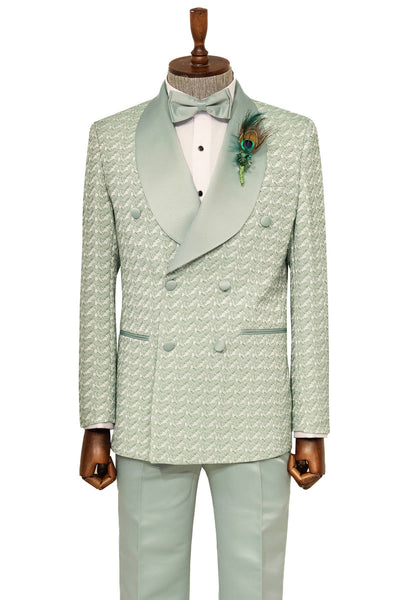 Satin Shawl Collar Patterned Double Breasted Sage Green Men Tuxedo Suit - Wessi