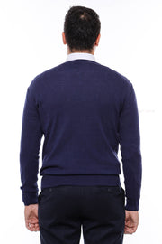 V Neck Navy Blue Men Sweater - Wessi