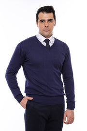 V Neck Navy Blue Men Sweater - Wessi