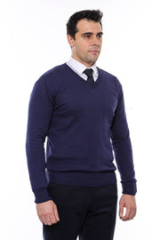 V Neck Navy Blue Men Sweater - Wessi