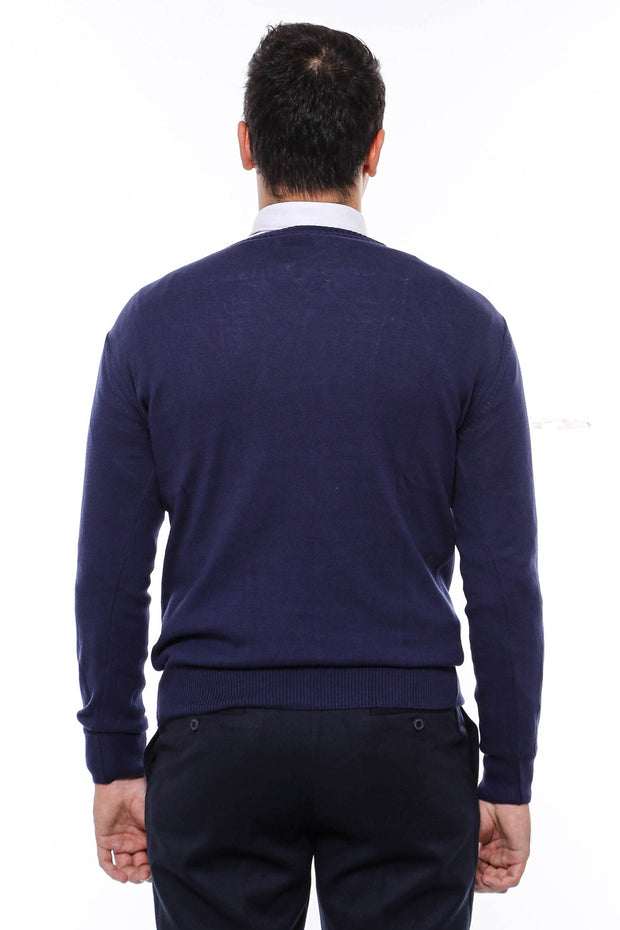 V Neck Navy Blue Men Sweater - Wessi