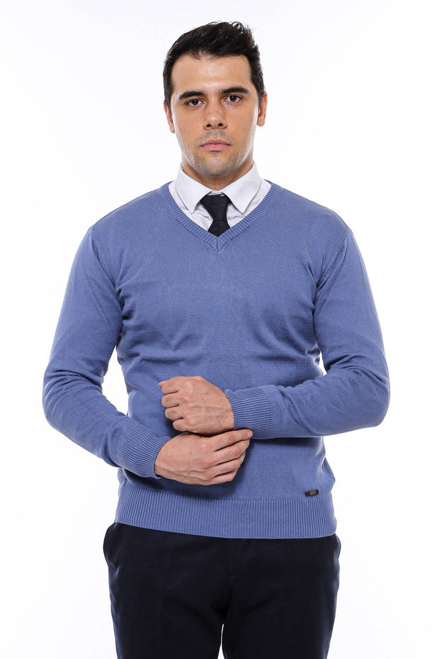 V Neck Blue Men's Knitwear - Wessi