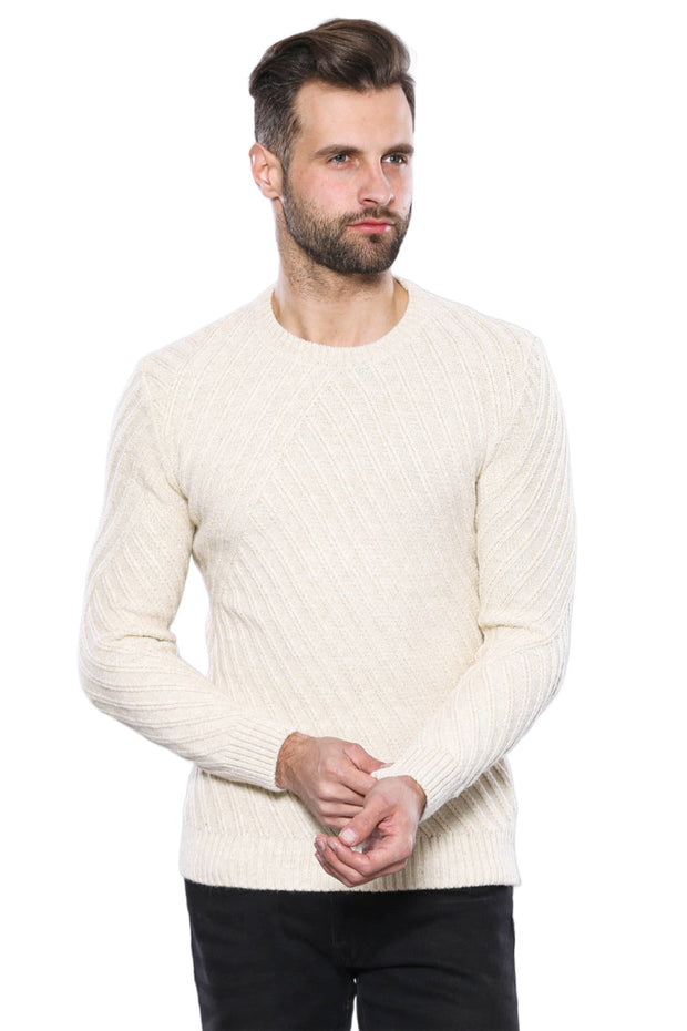 Patterned Circle Neck Cream Sweater | Wessi