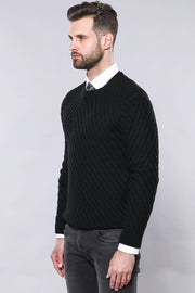 Patterned Circle Neck Black Sweater - Wessi