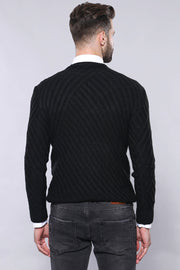 Patterned Circle Neck Black Sweater - Wessi