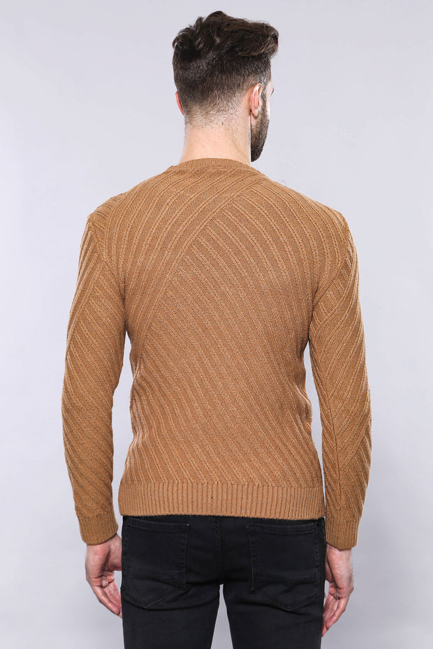 Patterned Circle Neck Tawny Sweater | Wessi