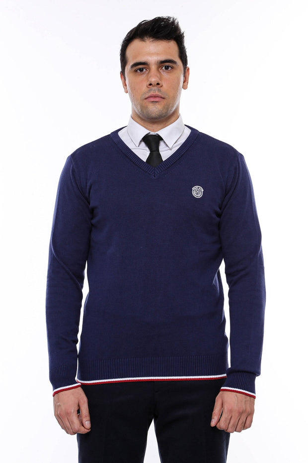 Navy Blue V Neck Slim Fit Men Sweater - Wessi