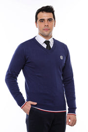 Navy Blue V Neck Slim Fit Men Sweater - Wessi