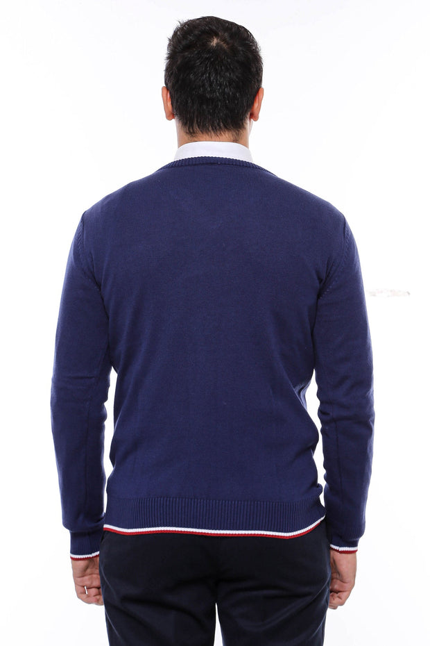 Navy Blue V Neck Slim Fit Men Sweater - Wessi