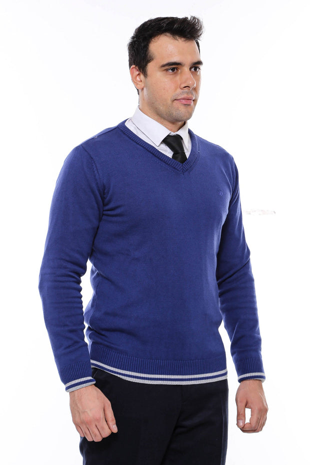 Dark Blue V Neck Slim Fit Sweater - Wessi