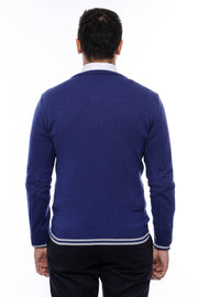 Dark Blue V Neck Slim Fit Sweater - Wessi