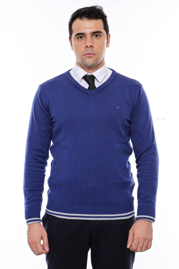 Dark Blue V Neck Slim Fit Sweater - Wessi