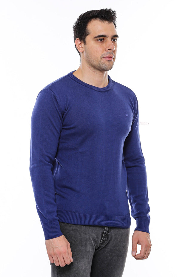 Navy Blue Crew Neck Embroidered Plain Knitwear - Wessi