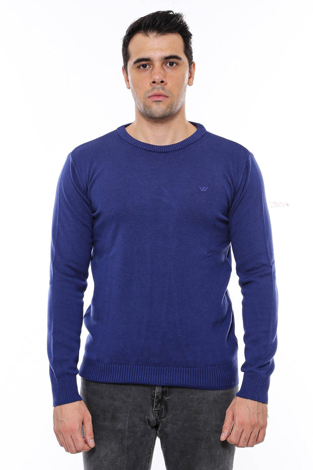 Navy Blue Crew Neck Embroidered Plain Knitwear - Wessi