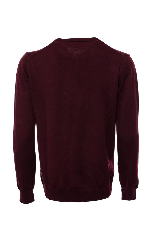 Crew Neck Plain Long Sleeves Burgundy Men Sweater - Wessi