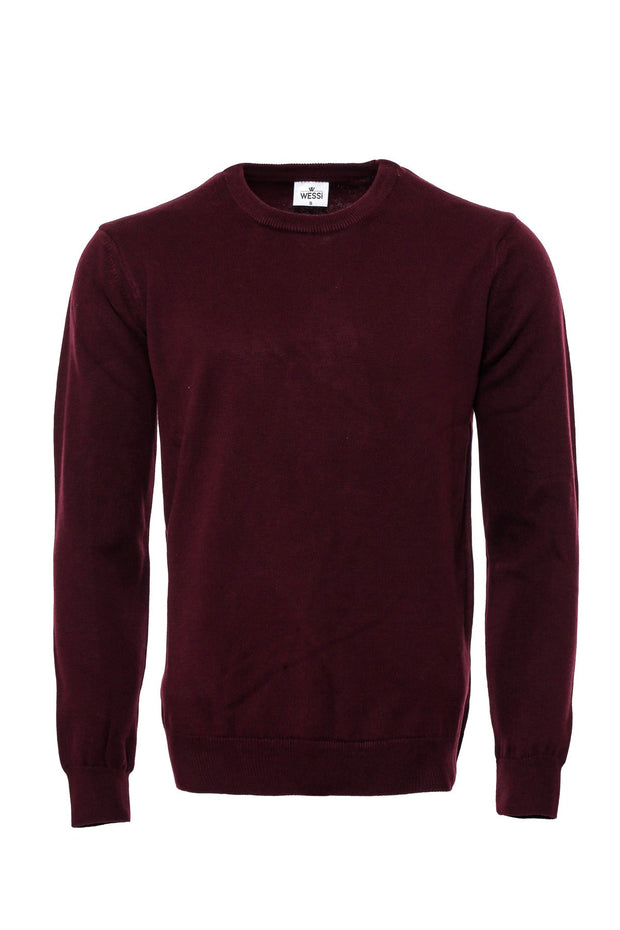 Crew Neck Plain Long Sleeves Burgundy Men Sweater - Wessi