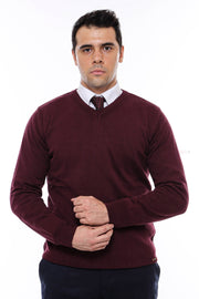 V Neck Burgundy Men's Knitwear - Wessi