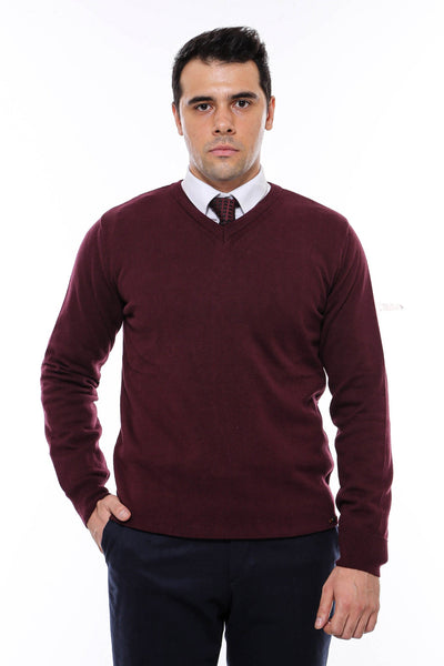 V Neck Burgundy Men's Knitwear - Wessi