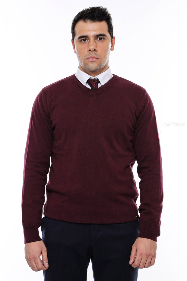 V Neck Burgundy Men's Knitwear - Wessi