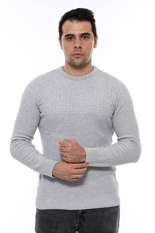 Circle Neck Patterned Light Grey Men Knitwear - Wessi