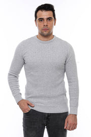 Circle Neck Patterned Light Grey Men Knitwear - Wessi