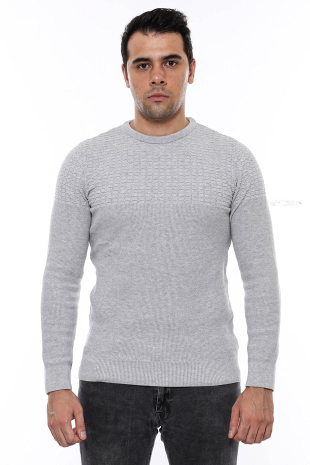 Circle Neck Patterned Light Grey Men Knitwear - Wessi