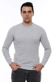 Circle Neck Patterned Light Grey Men Knitwear - Wessi