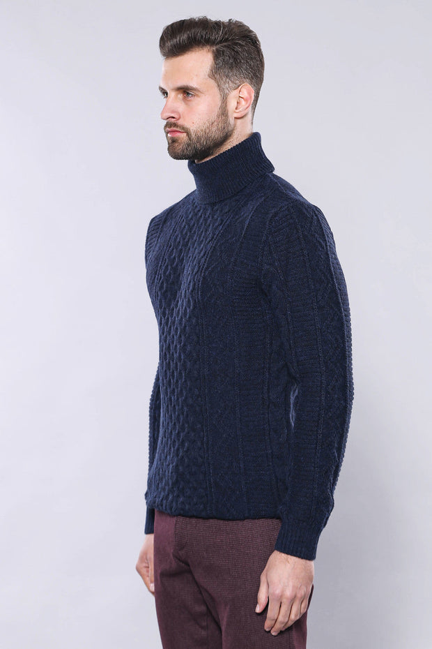 Patterned Turtleneck Navy Knitwear - Wessi