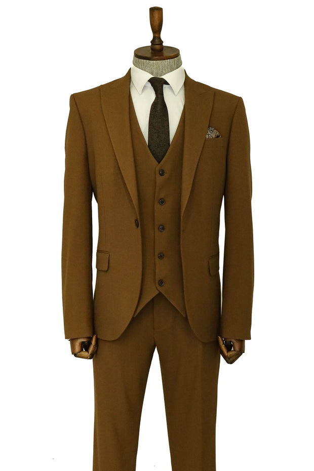 Three Piece Slim Fit Single Button Tan Men Suit