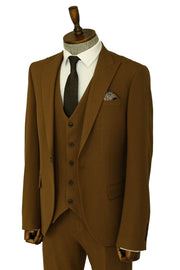 Three Piece Slim Fit Single Button Tan Men Suit