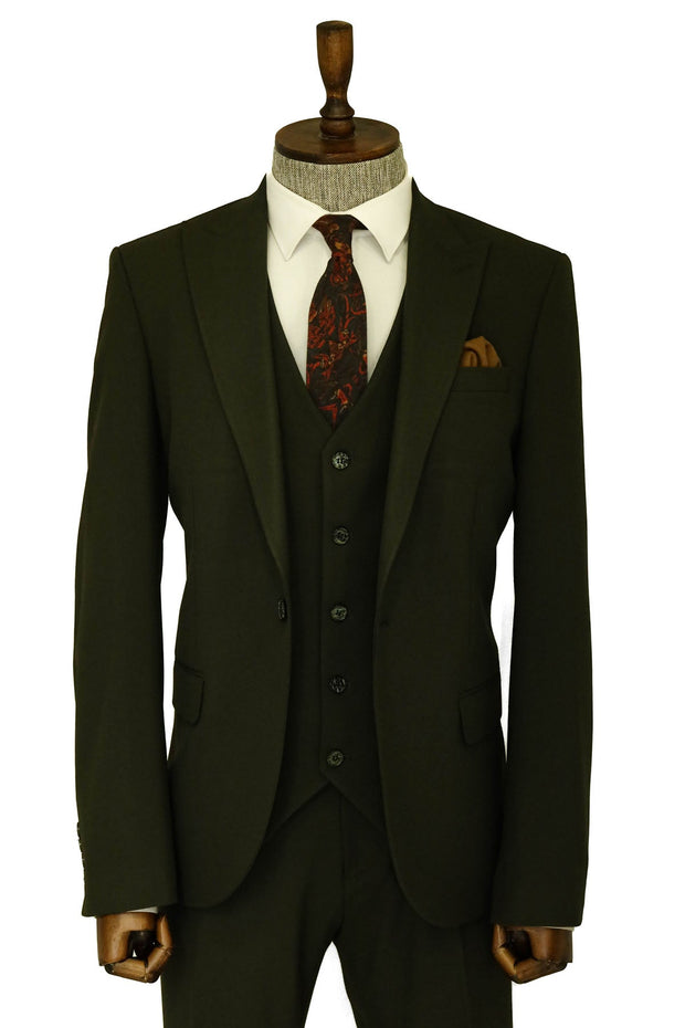 Three Piece Slim Fit Single Button Green Men Suit