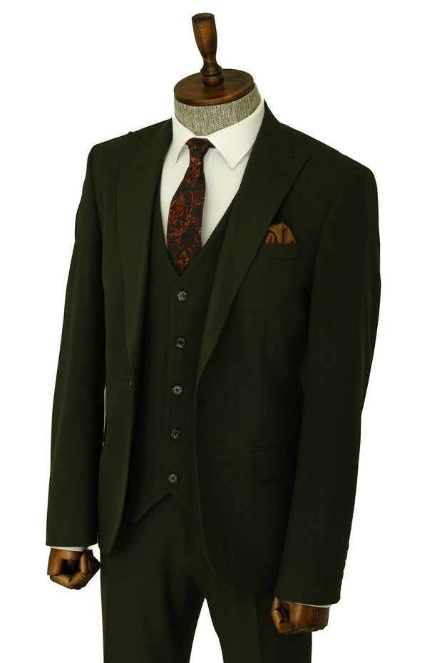 Three Piece Slim Fit Single Button Green Men Suit