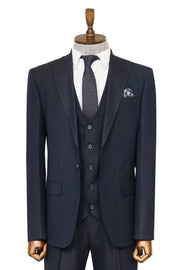 3 -Piece Single Button Peak Lapel Navy Blue Men Suit - Wessi