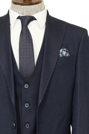 3 -Piece Single Button Peak Lapel Navy Blue Men Suit - Wessi