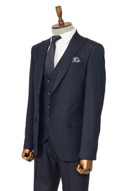 3 -Piece Single Button Peak Lapel Navy Blue Men Suit - Wessi