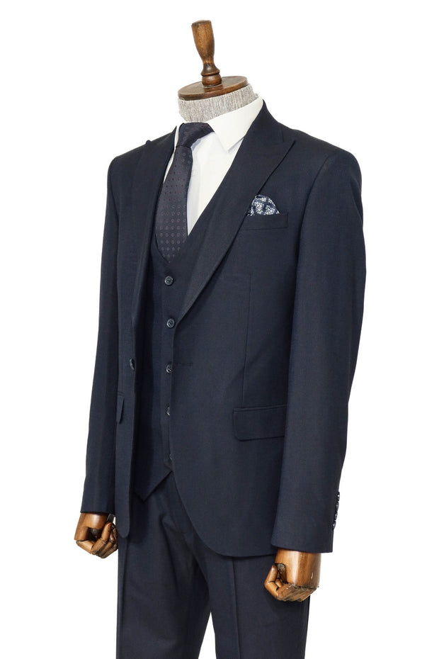 3 -Piece Single Button Peak Lapel Navy Blue Men Suit - Wessi