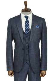 3 -Piece Single Button Peak Lapel Grey Blue Men Suit - Wessi