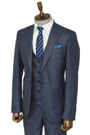 3 -Piece Single Button Peak Lapel Grey Blue Men Suit - Wessi