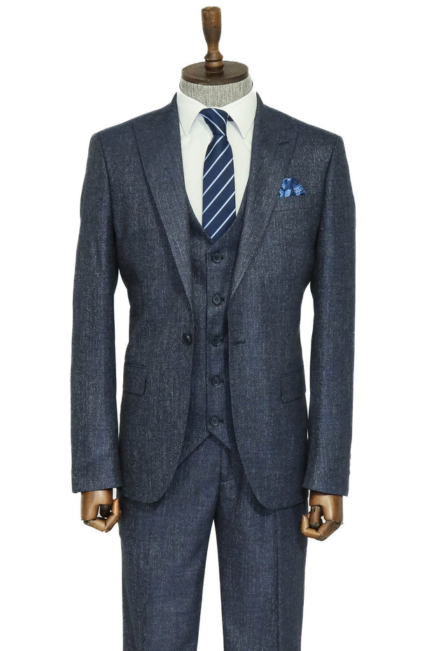 3 -Piece Single Button Peak Lapel Grey Blue Men Suit - Wessi