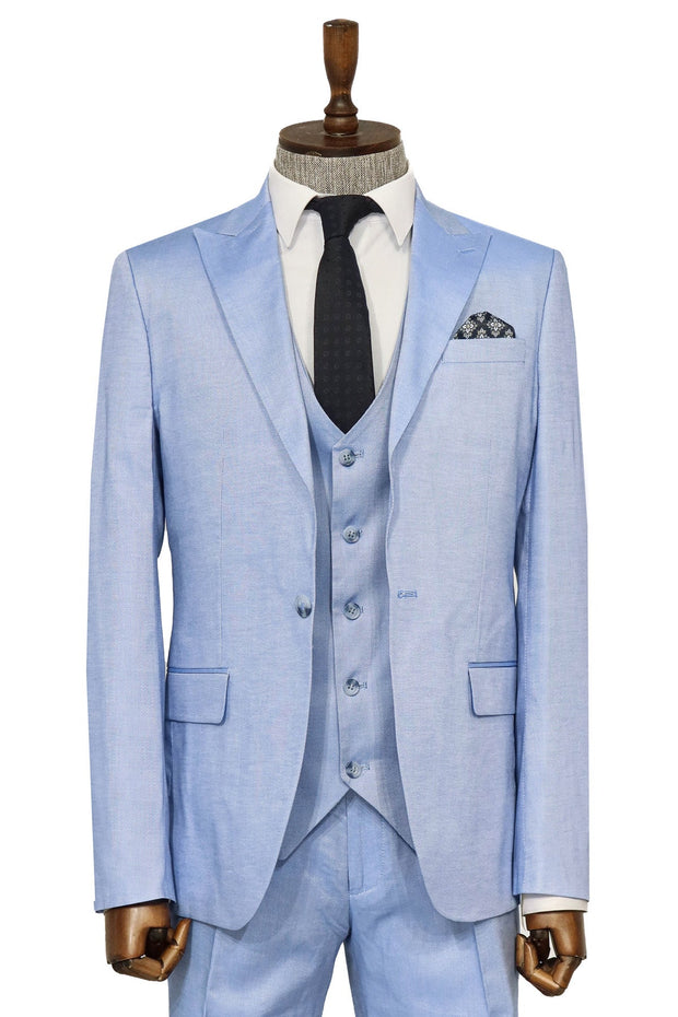 3 -Piece Single Button Peak Lapel Ice Blue Men Suit - Wessi