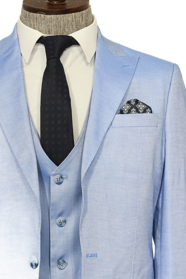 3 -Piece Single Button Peak Lapel Ice Blue Men Suit - Wessi