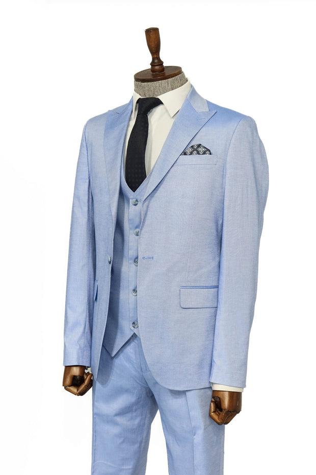 3 -Piece Single Button Peak Lapel Ice Blue Men Suit - Wessi