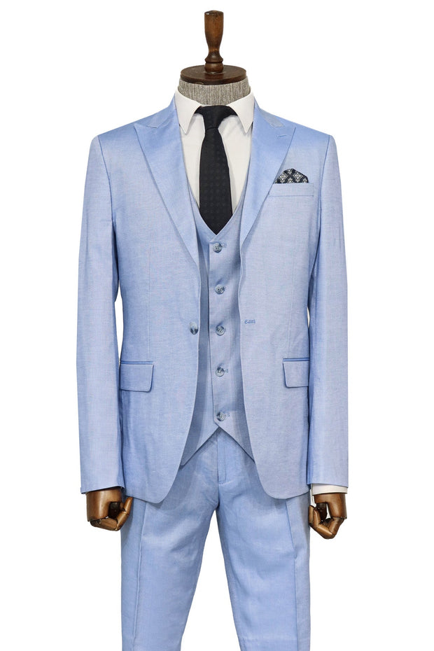 3 -Piece Single Button Peak Lapel Ice Blue Men Suit - Wessi