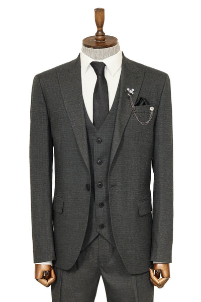 3 -Piece Single Button Peak Lapel Dark Grey Men Suit - Wessi