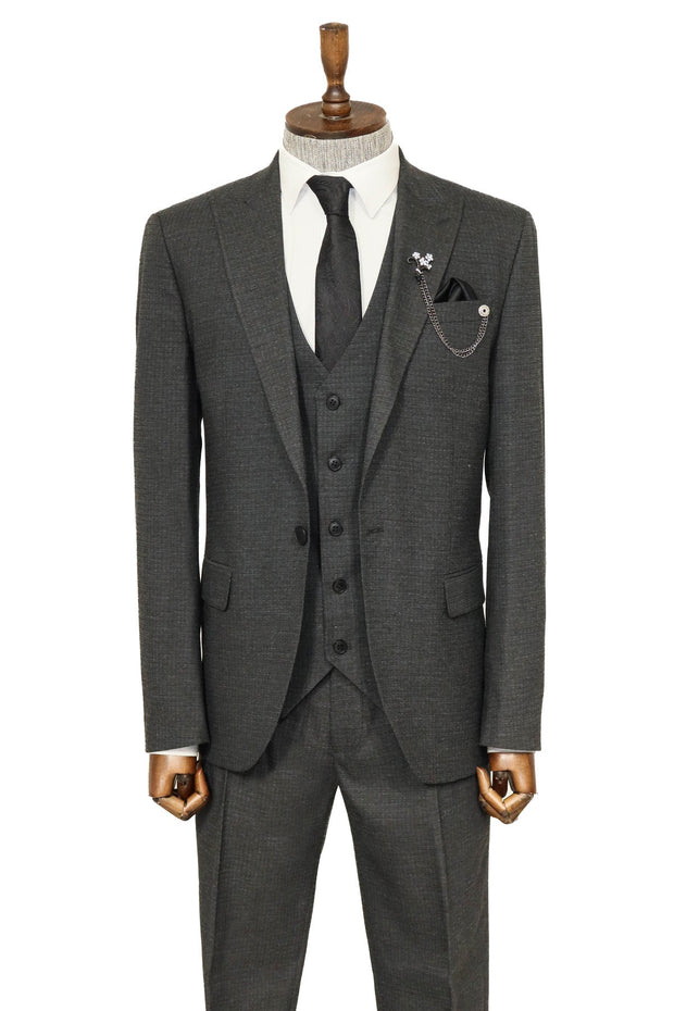 3 -Piece Single Button Peak Lapel Dark Grey Men Suit - Wessi