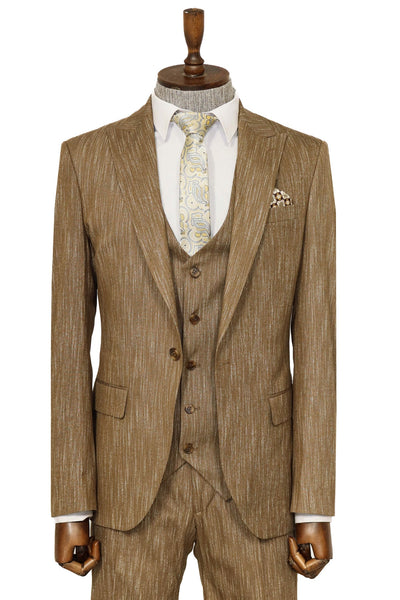 3 -Piece Single Button Peak Lapel Tan Men Suit - Wessi