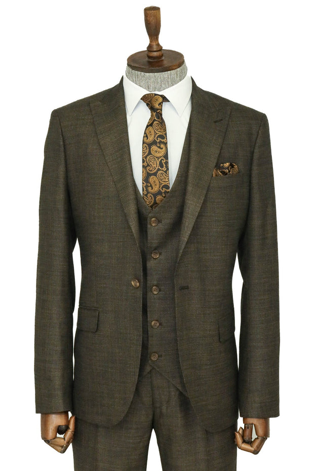 3 -Piece Single Button Peak Lapel Khaki Men Suit - Wessi