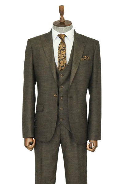 3 -Piece Single Button Peak Lapel Khaki Men Suit - Wessi