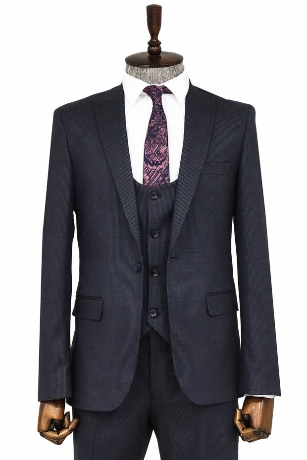 Slim Fit Patterned Navy Blue Men Suit - Wessi