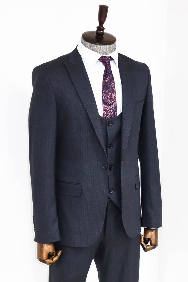 Slim Fit Patterned Navy Blue Men Suit - Wessi